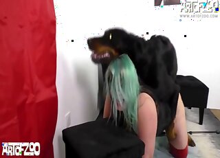 Beauty dressed in red railed by a dirty doggo